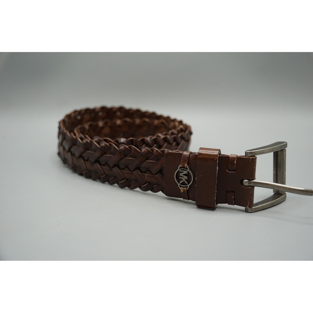 Michael Kors Mens Braided Leather Belt Brown 32 Woven MK Logo‎ 28357